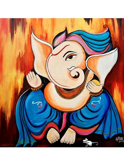 Natural Colours Ganesha Acrylic On Canvas Exotic India Art