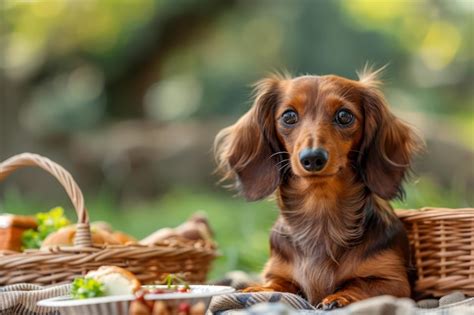 Adorable Brown Dachshund Sitting Next To A Wicker Picnic Basket In A