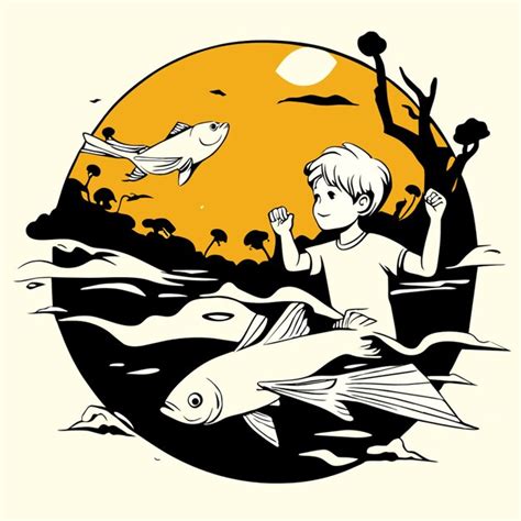 Fish and boy swimming in the sea in pencil sketch style vector ...