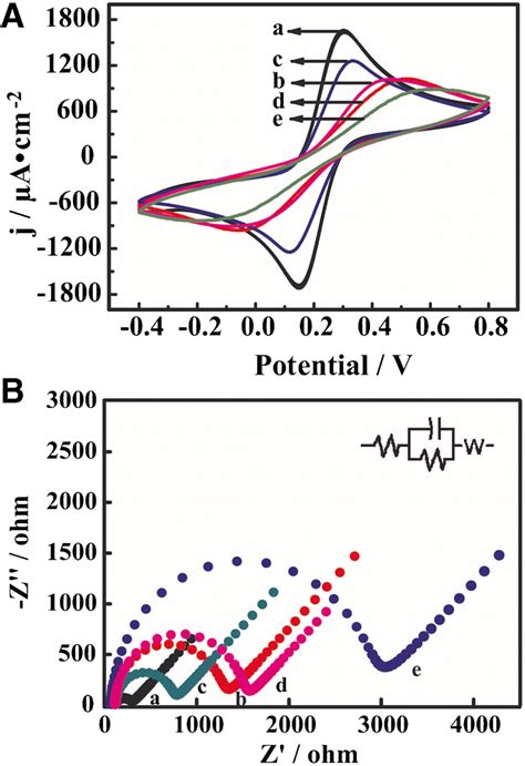 A Cv Curves And B Eis Of Different Modified Electrodes A Bare Gce Download Scientific