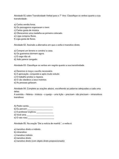 Atividade Transitividade Verbal 7 Ano