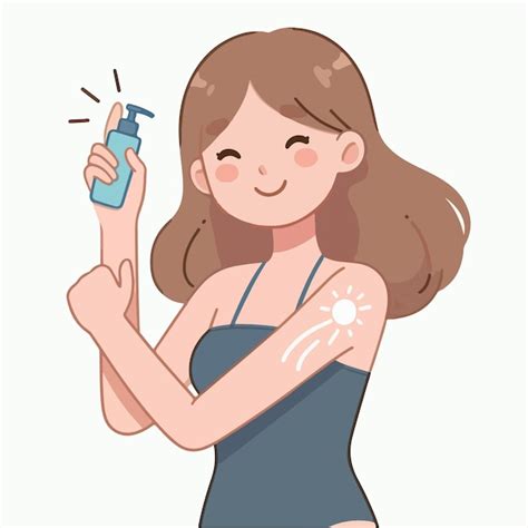 Cartoon Girl Wearing Swimsuit Applying Sunscreen On Her Arms Premium