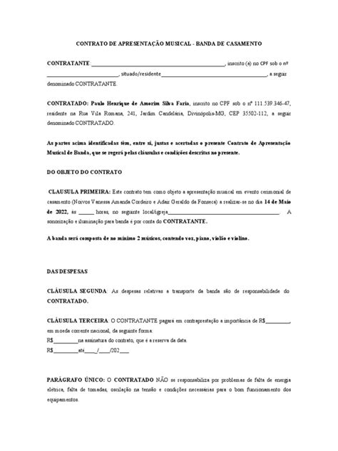 Contrato De ApresentaÇÃo Musical Modelo Padrão Pdf