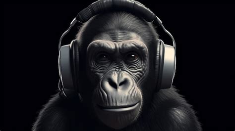 Premium Ai Image Black Monkey Happily Playing Music With Headphone