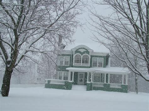 a green and white house covered in snow next to some trees with no ...