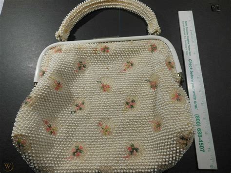 1950s Vintage Lumured Corde Bead White Flowers Reversible Purse Handbag 3940364643