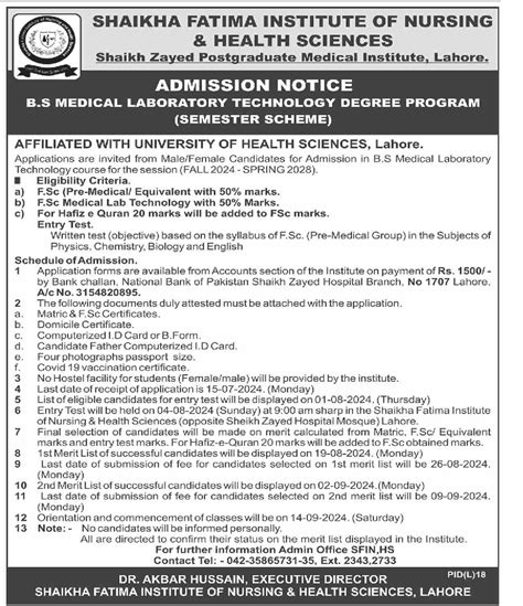 Admission Open In Shaikha Fatima Institute Of Nursing And Health