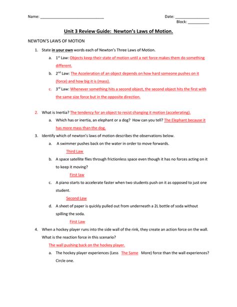 Unit 3 Review Guide Newtons Laws Of Motion