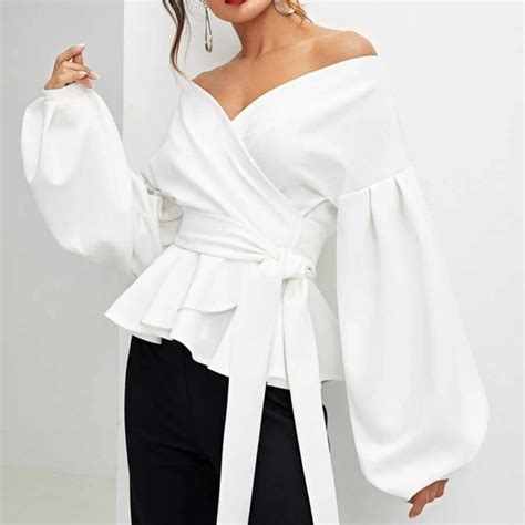 Tops Luxe White Off Shoulder Lantern Sleeve Blouse Poshmark