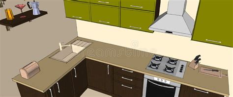 Sketch Abstract Outline Drawing Of Modern Corner Kitchen Interior Black