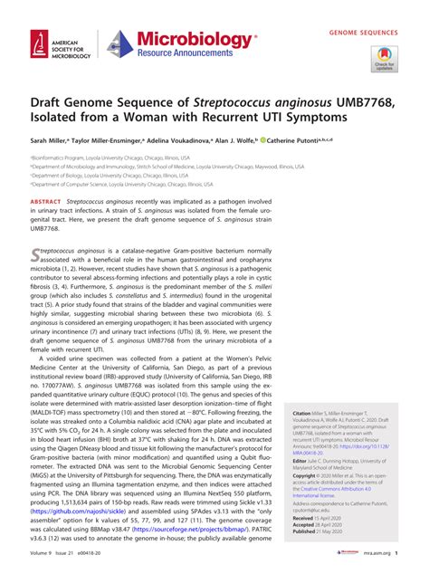 (PDF) Draft Genome Sequence of Streptococcus anginosus UMB7768 ...