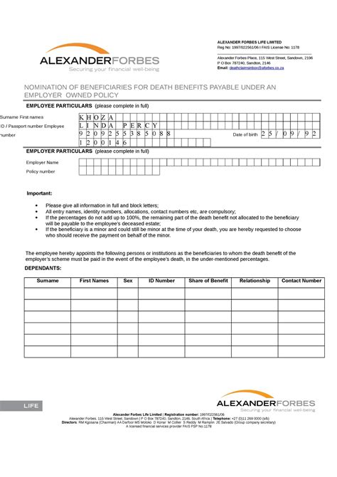 Nomination Form Alexander Forbes Life Limited Alexander Forbes Life