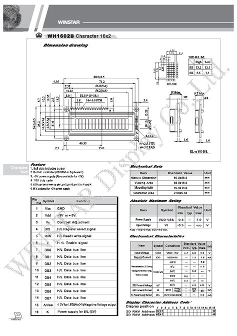 Wh1602b Datasheet 1 2 Pages Dblectro 5x8 Dots Includes Cursor