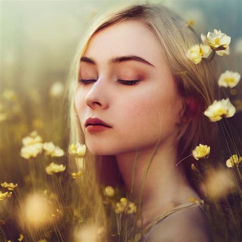 Premium Photo Blonde Woman Portrait With Closed Eyes And Flowers In