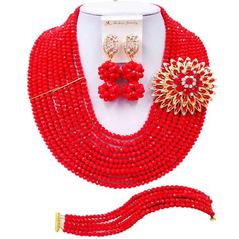 Aczuv Opaque Red Beads Crystal Jewelry Set African Necklace Nigerian