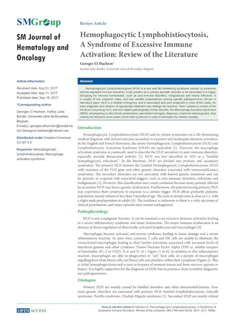 PDF Hemophagocytic Lymphohistiocytosis A Syndrome Of