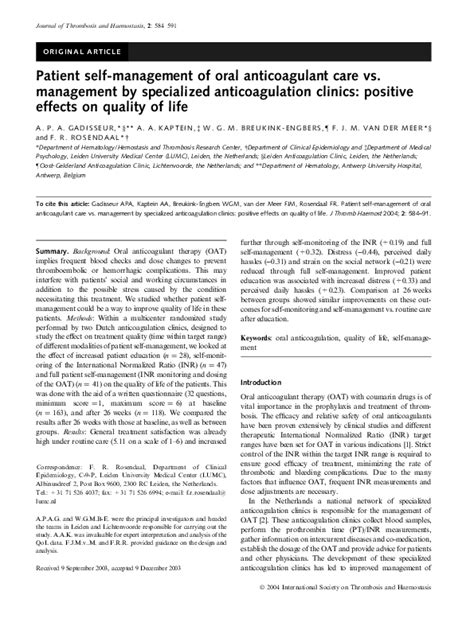 Pdf Patient Self Management Of Oral Anticoagulant Care Vs Management