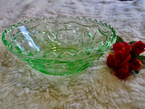 Green Depression Glass Fruit Bowl Cherries Pattern 20 Cm Etsy