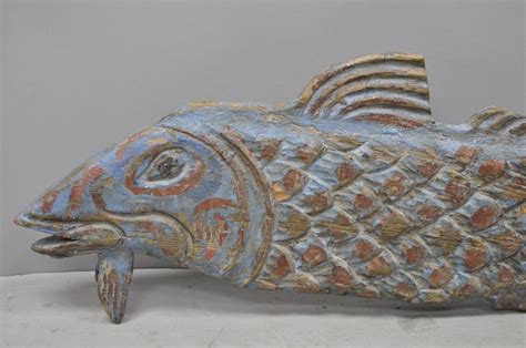 Large Hand Carved Solid Wood Koi Fish Carving Sculpture Figure Blue