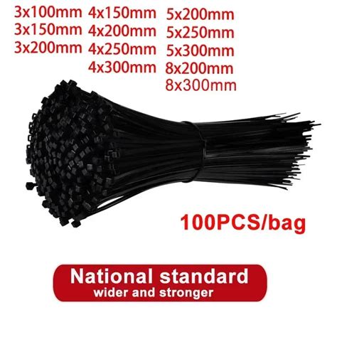 100pcs Nylon Cable Ties Set Self Locking Plastic Nylon Tie Black Fasten