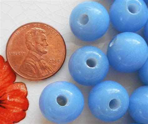 Ten 12mm Bright Opaque Sky Blue Big Large Hole Glass Beads With 3mm Holes Smooth Round Druk