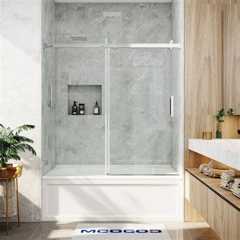 Mcocod 60 In W X 66 In H Single Sliding Frameless Soft Close Tub Door In Brushed Nickel With 3