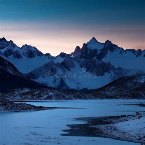 Frozen Majesty Sunrise Over Snowy Mountains And Icy Lake Stock