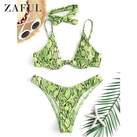 ZAFUL Hot Sale Snake Print Underwire Bikini Set Spaghetti Strap High Cut Swimwear Women Sexy