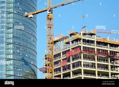 High Rise Building Under Construction Installation Of Glass Facade