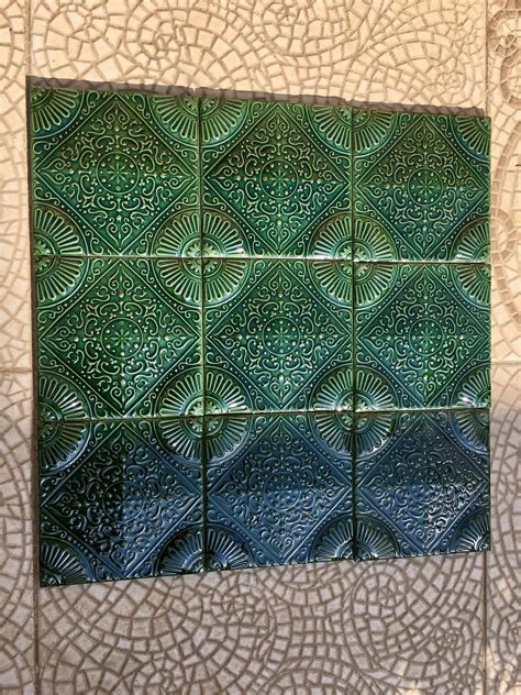 40 Pcs Art Nouveau Style Majolica Tiles Green Embossed Etsy