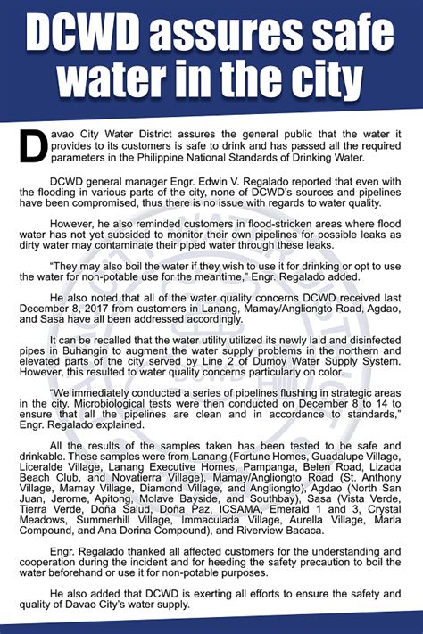 Dcwd Assures Safe Water In Davao City