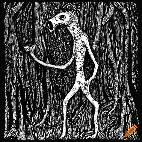 Creepy illustration of a wendigo/skinwalker in a forest