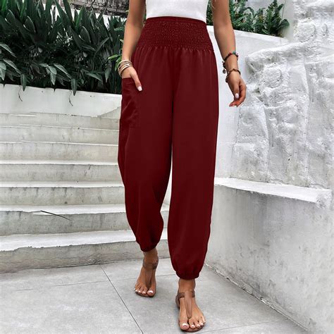 Yourumao Women S Pants High Smock Waisted Elastic Palazzo Pants Casual Solid Wide Leg Trousers