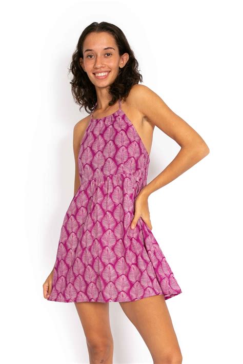 Lulu Halter Neck Mini Dress Magenta Palms Om Designs