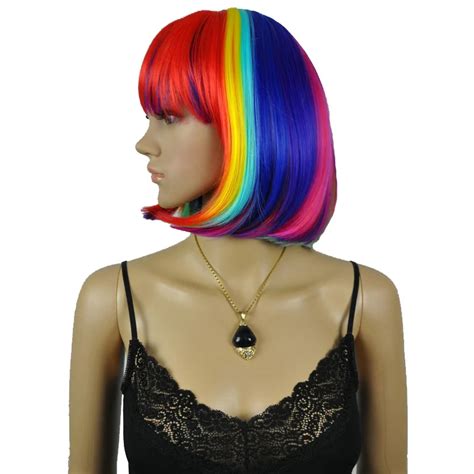 Strongbeauty Cosplay Women S Wigs Bob Style Neat Bang Rainbow Short Straight Hair Synthetic Full