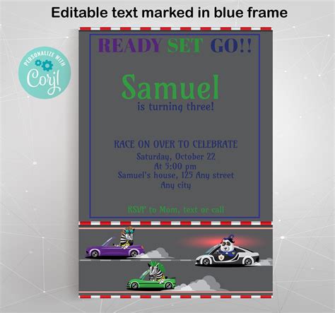 Editable Printable Race Car Birthday Party Invitation, Electronic ...