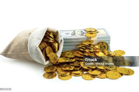 Stack Bundles Of 100 Us Dollars Banknotes And Gold Coin In Treasure Sack On White Background