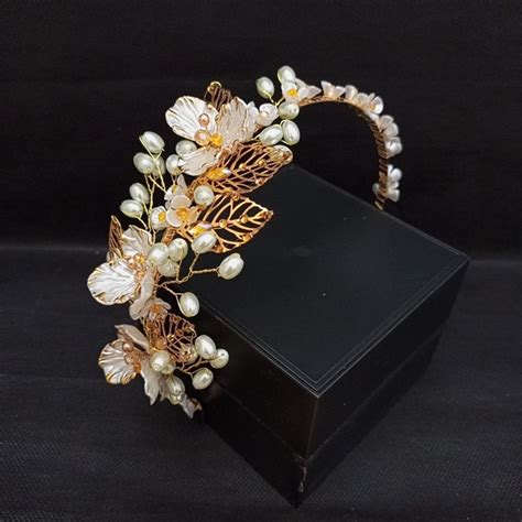 Jual Headpiece Eternal Flower Gold Bando Hiasan Rambut Hijab Wedding