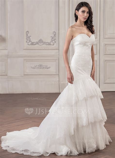 Trumpet Mermaid Sweetheart Court Train Organza Lace Wedding Dress