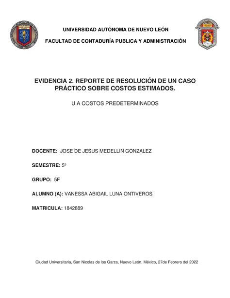 Evidencia 2 Reporte DE Resolución DE UN CASO Práctico Sobre Costos