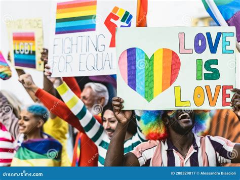 Happy Multiracial People Celebrating Gay Pride Event Group Of Friends