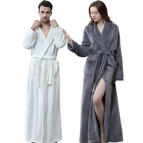 Lovers Extra Long Plus Size Winter Warm Flannel Coral Fleece Bath Robe Men Women Knitted Waffle