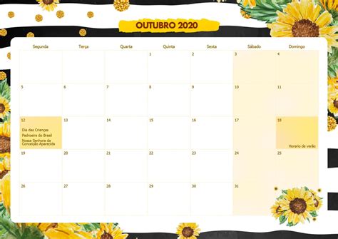 Calendario Mensal Girassol Outubro 2020 Fazendo A Nossa Festa