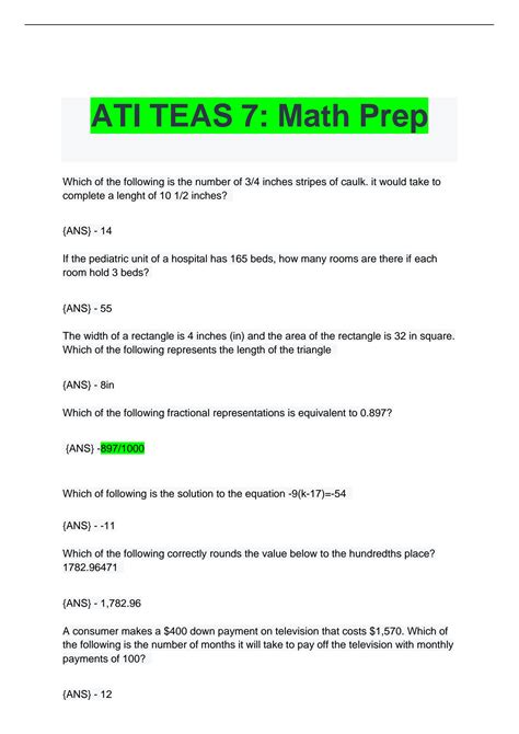 Solution Ati Teas Math Prep Questions With Answers Studypool