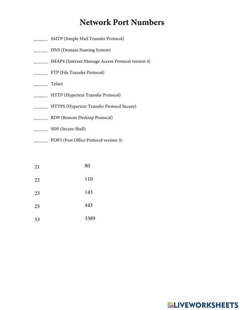 Network Port Number Worksheet Live Worksheets