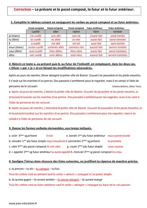 Temps composés Présent 4ème Evaluation avec le corrigé Pass