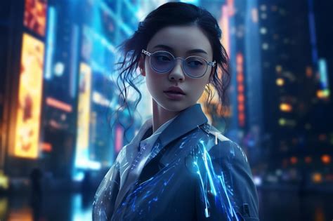 Premium Photo Ai Cyborg Wearing Futuristic Eyeglasses Standing By Light Trail