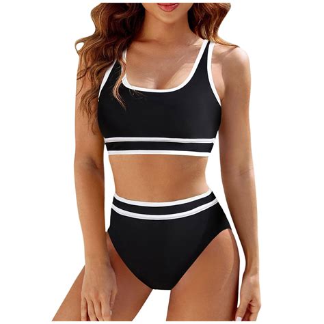 Kcodviy Women S High Waisted Bikini Sets Sporty Two Piece Swimsuit Color Block High Cut Bathing
