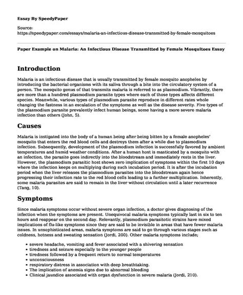 Paper Example On Malaria An Infectious Disease Transmitted By Female