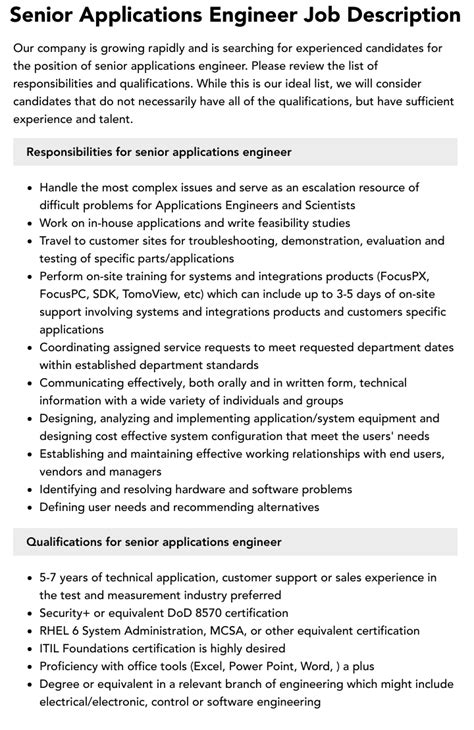 Senior Applications Engineer Job Description Velvet Jobs